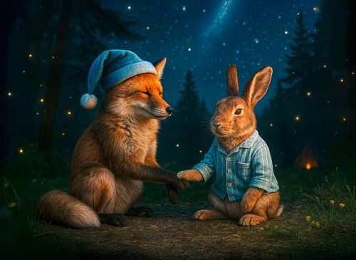 Le renard et le lièvre se disent bonne nuit dans la forêt