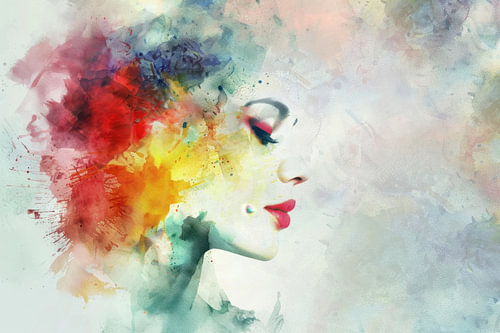 Watercolour painting of a beautiful young woman, with an abstract composition.