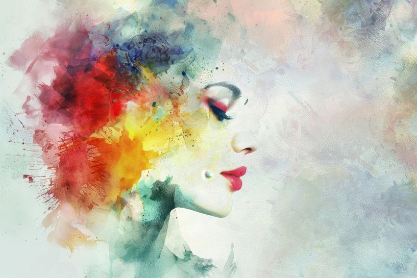 Aquarell einer schönen jungen Frau mit einer abstrakten Komposition. von Peter Pen Zeichnungen und Gemälde