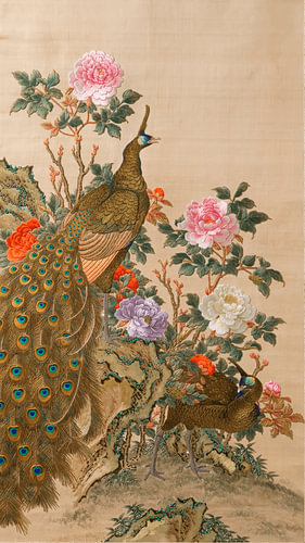 Traditionelle japanische Kunst: Pfauen und Pfingstrosen mit japanischer Stickerei