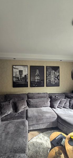 Customer photo: Illuminated Cathedral Tower during the start of the Tour de France 2015, BLACK-WHITE by Donker Utrecht, on canvas