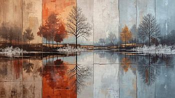 Sérénité nordique – Paysage fluvial scandinave abstrait dans des tons de beige & et de gris
