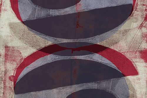 Abstracte vormen in rood, grijs, zwart.