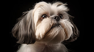 Portrait eines Schwarzen Shih Tzu Hundes auf schwarzen Hintergrund