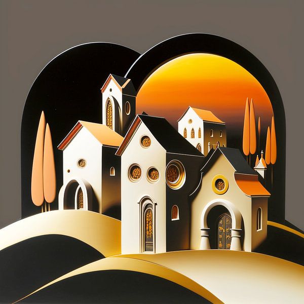 Paysage miniature papier blanc noir orange jaune maisons arbres par gm_designs