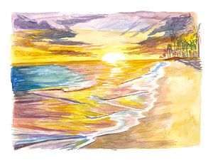 Romantische Insel Sonnenuntergang mit Wellen Palmen Strand