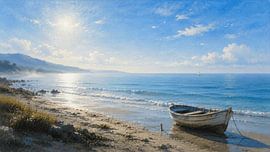 Un bateau au repos sur le rivage – Tableau représentant un paysage marin côtier sur Dodik Hariyono