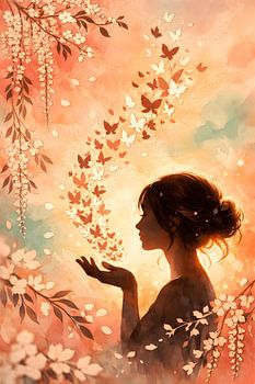Butterfly Silhouette Floral Girl Peach Watercolor Illustration
