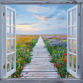 Flower meadow through window
