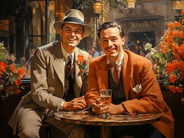 Zwei lächelnde Geschäftsleute der 1920er Jahre in einer Cafeteria auf dem europäischen Stadtplatz von Animaflora PicsStock
