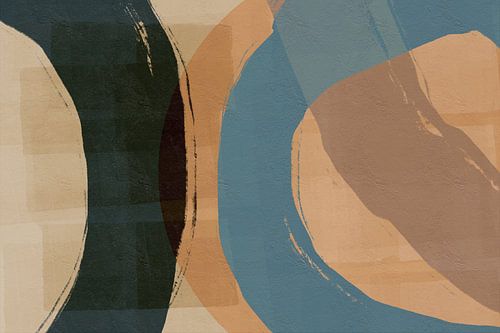 Abstracte kunst in zwart, beige, blauw.