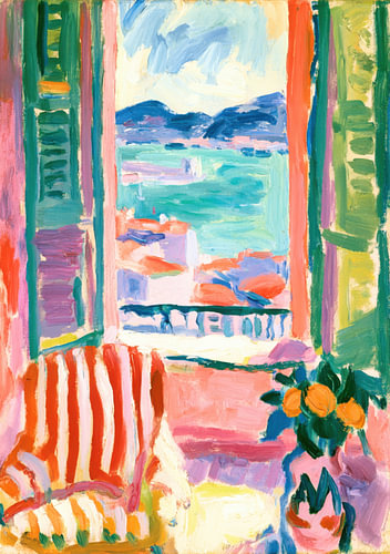 A Mediterranean view from the window, with a striped armchair and a view of the sea