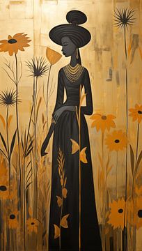 Sommerliches und farbenfrohes Gemälde einer Afrikanerin in dunkler Tracht