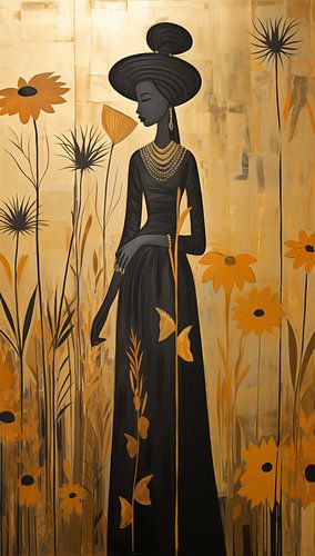 zomers en kleurrijk schilderij van een Afrikaanse vrouw in donkere klederdracht