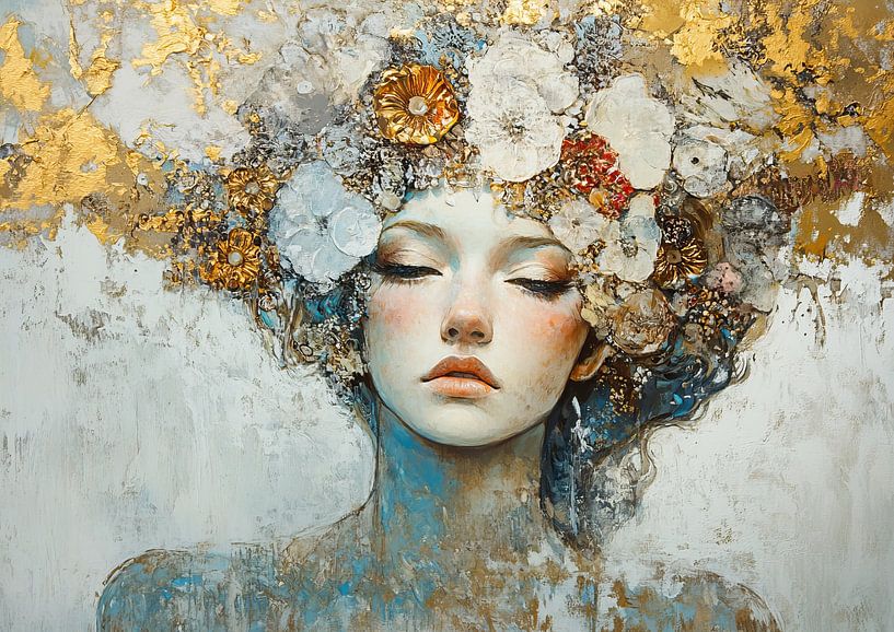 Florales Porträt | Frau mit goldenen Blumen von ARTEO Gemälde