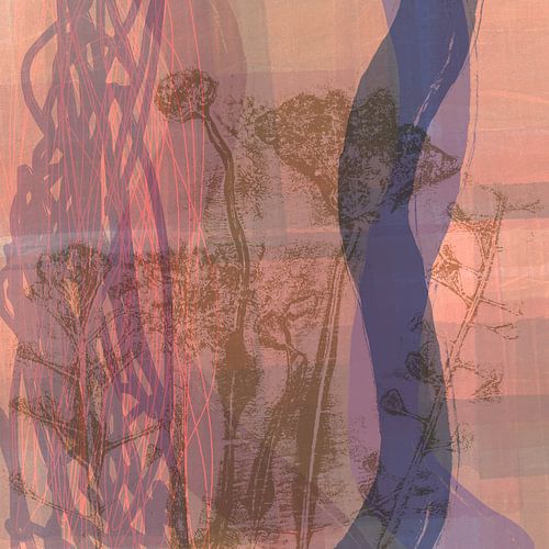 Abstracte botanische kunst. Bloemen in bruin, lila en roze.