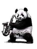 Panda with saxophone black and white drawing