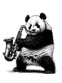 Panda with saxophone black and white drawing by KI Kunst