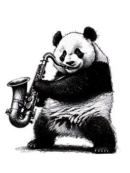 Panda mit Saxophon Schwarzweiß Zeichnung