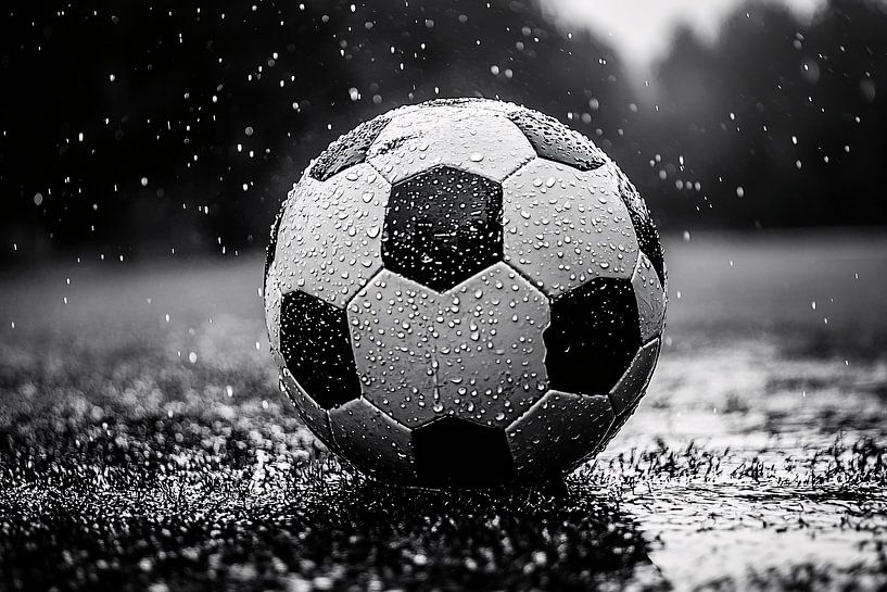 Schwarz-weißer Fußball im Regen von Imperial Art House