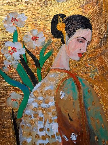 Modern portret van een vrouw met bloemen