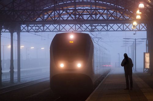 Dichte mist op Den Haag Holland Spoor treinstation in Den Haag van Rob Kints