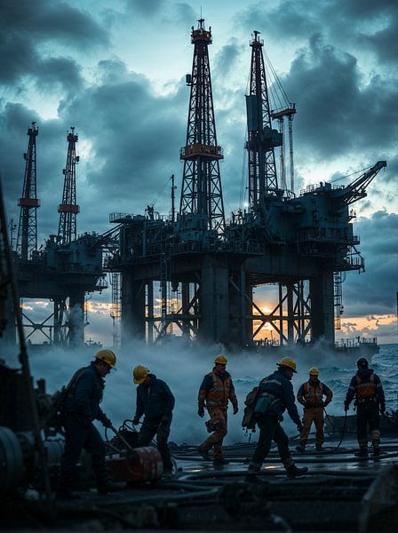 Nature morte industrielle - Plate-forme pétrolière au lever du soleil par Retrotimes