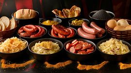 Traditional German food with sausages, sauerkraut and bread by Annabell Gsödl