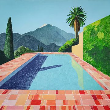 Peinture d'une piscine surplombant un paysage de montagne