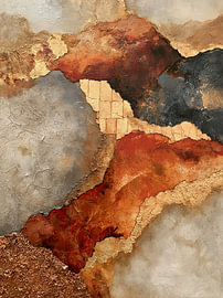 Abstract art featuring terracotta and gold accents by Lina van Oers