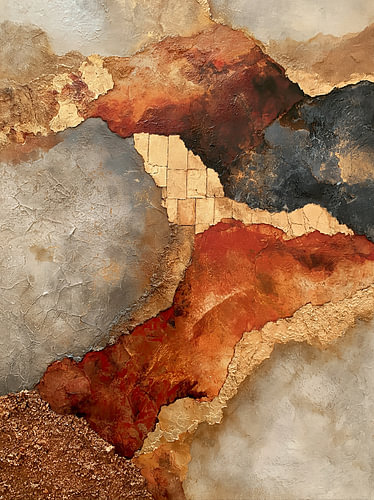 Abstracte kunst met terracotta en goudaccenten