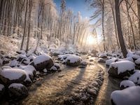 winter river flowing through a snowy forest