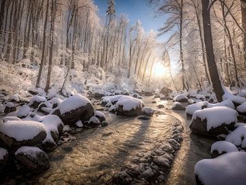 Winterfluss, der durch einen verschneiten Wald fließt von TrishaVDesigns