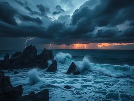 Tempest's Embrace: Crashing Waves, Jagged Shores, and the Electrifying Dance of a Coastal Thunderstorm at Sunset by Artistic