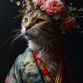 Portrait of a cat with flowers and kimono by Digitale Schilderijen