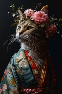 Portrait d'un chat avec fleurs et kimono sur Digitale Schilderijen