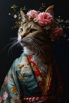 Portrait of a cat with flowers and kimono by Digitale Schilderijen