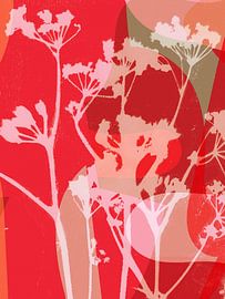 Colorful abstract botanical art in red and pink by Dina Dankers