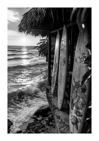 Surfboards on the beach at sunset in black and white by Poster Art Shop