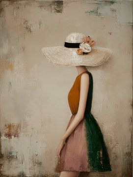 Sommerspaziergang, modernes elegantes Porträt einer Frau mit großem Hut von Atelier Pink Blossom