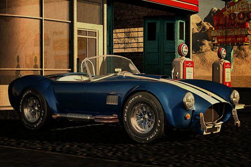 Ford AC Cobra 427 Shelby 1965 bij een oud benzinestation
