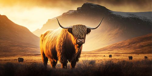Scottish Highlander at sunset