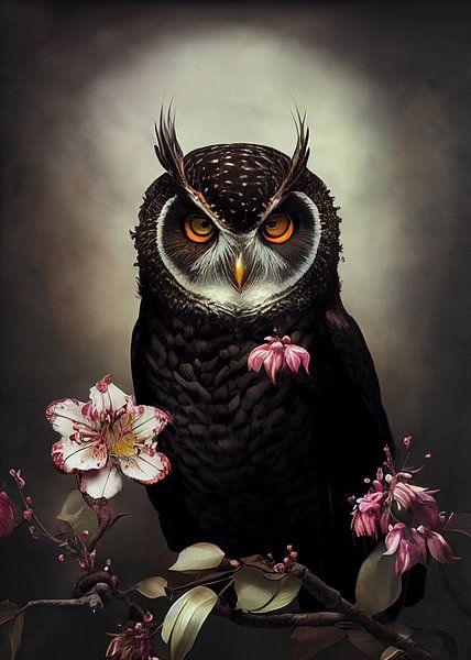 Black owl with flowers by haroulita