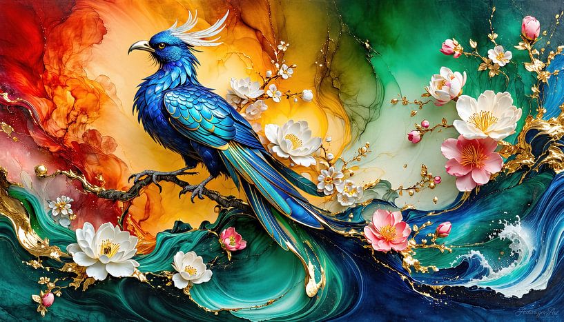 A bird born from an explosion of colour - hovering between gold and blue - above the sea of dreaming flowers by AidasignArt