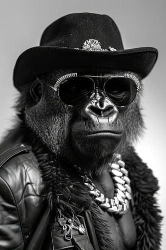 Portrait of a gorilla in leather jacket and sunglasses