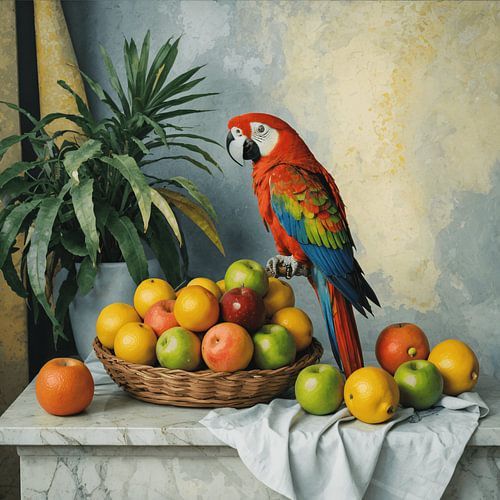 Perroquet avec panier de fruits