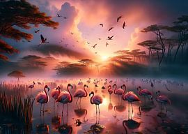 Flamengo's at sunset by a lake by Eye on You