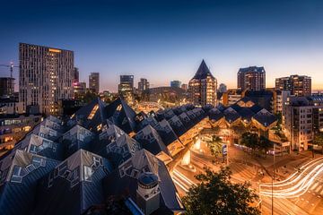 Cube Houses at Night - Rotterdam Skyline by Niels Dam