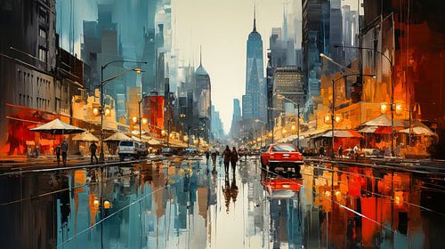 abstract schilderij stad bij nacht