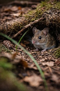Waldmaus zwischen Moos und Laub
